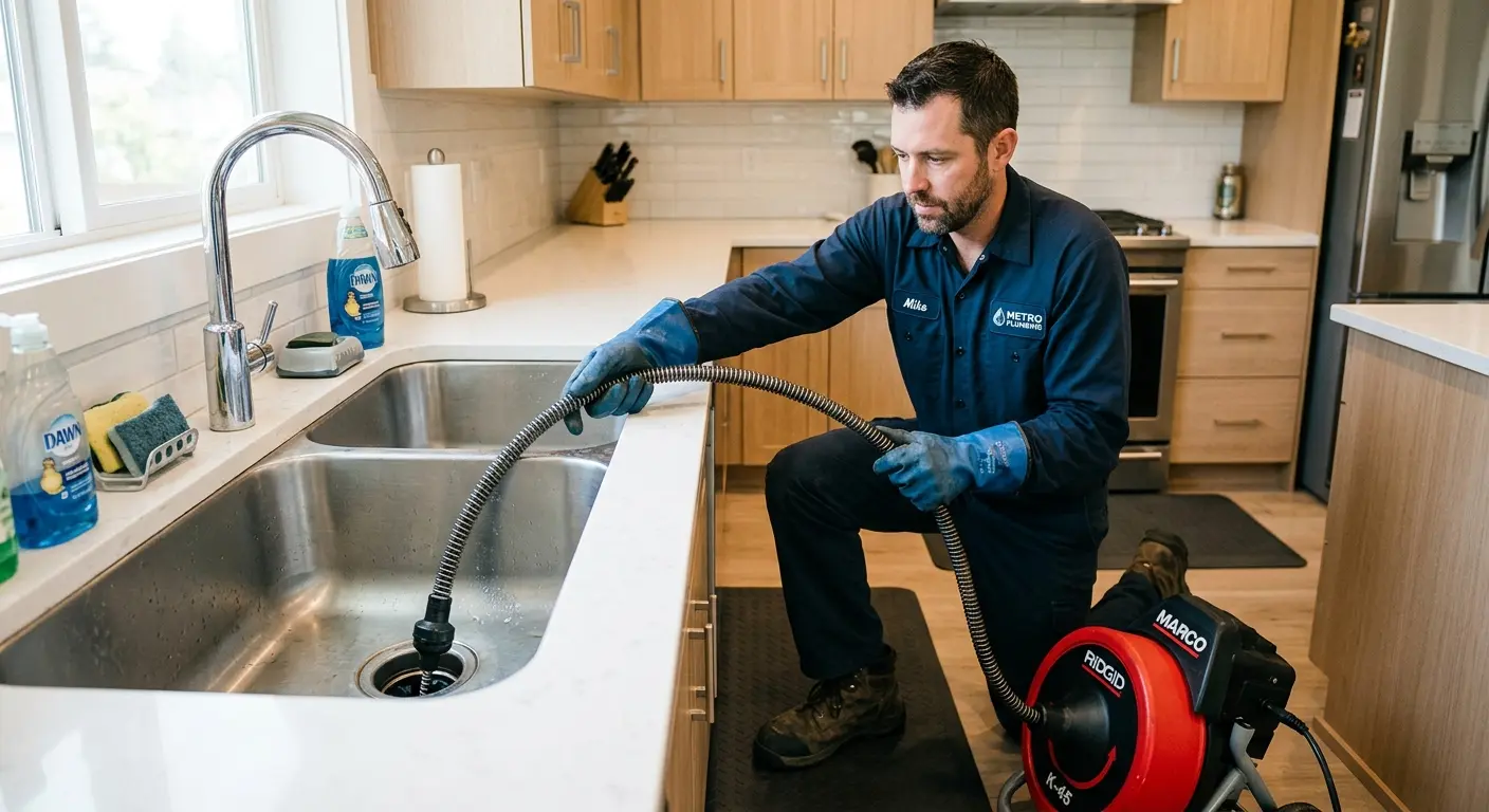 Drain cleaning technician using a motorized snake on a kitchen sink in Woodward
