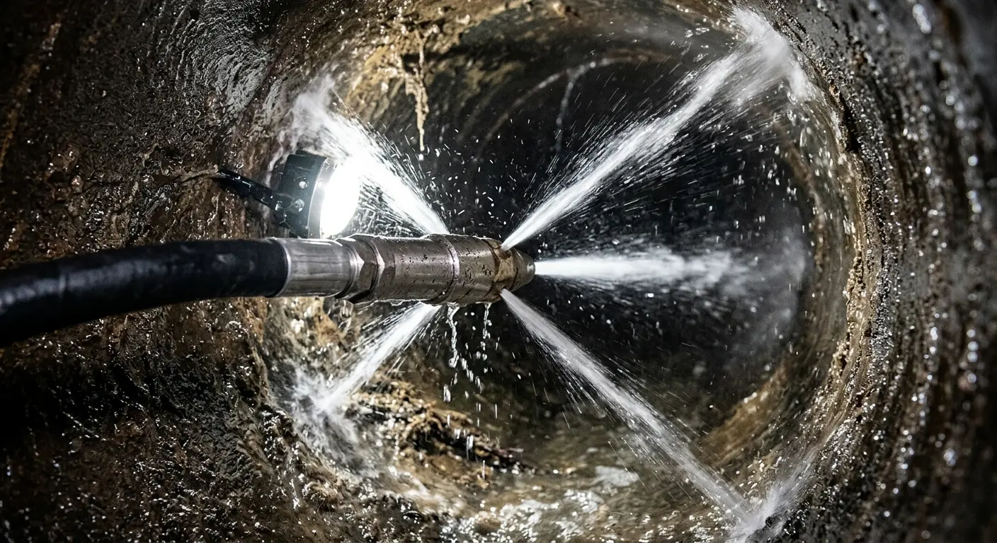 High-pressure hydro jetting nozzle cleaning sewer pipe for Trenchless Sewer Repair in Woodward