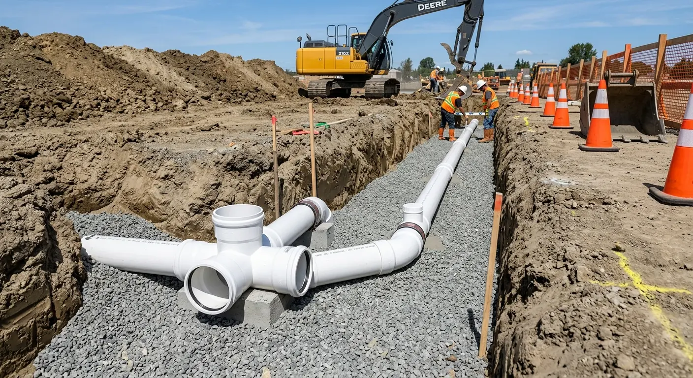 New PVC sewer pipe installation in open trench for Grease Trap Cleaning in Woodward