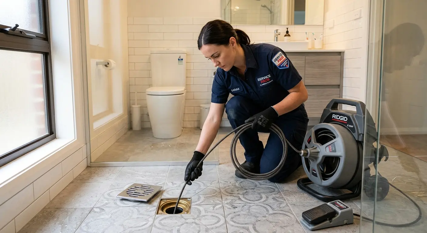 Technician clearing a bathroom floor drain for Sewer Line Installation in Woodward
